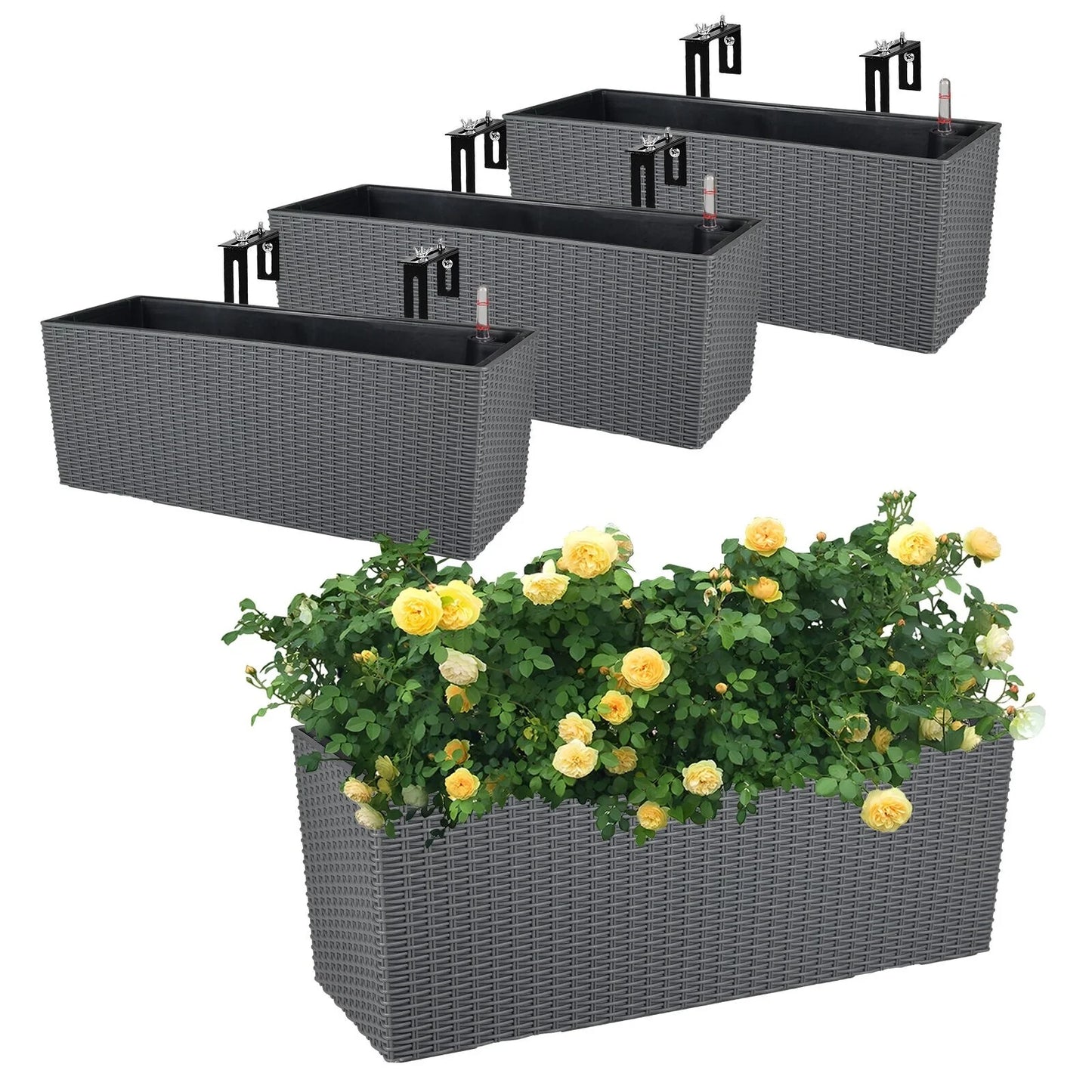 Aoodor 4Pcs 19.5" Rectangular Window/Railing Planter Box, Self Watering Planter for Balcony Porch Fence Patio - 19.5''×7.2''