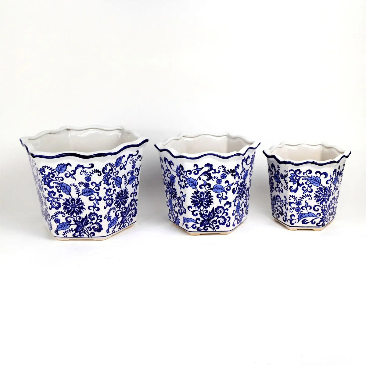Euro Ceramica Blue and White Ceramic 3 Piece Chinoiserie Garden Planter Set - Set of 3
