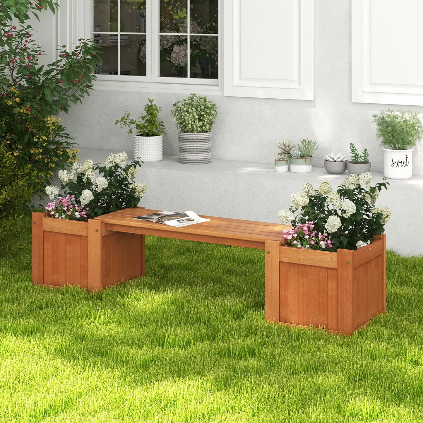Gymax Wood Outdoor Planter Boxes w/ Detachable Bench 2 Elevated Mini