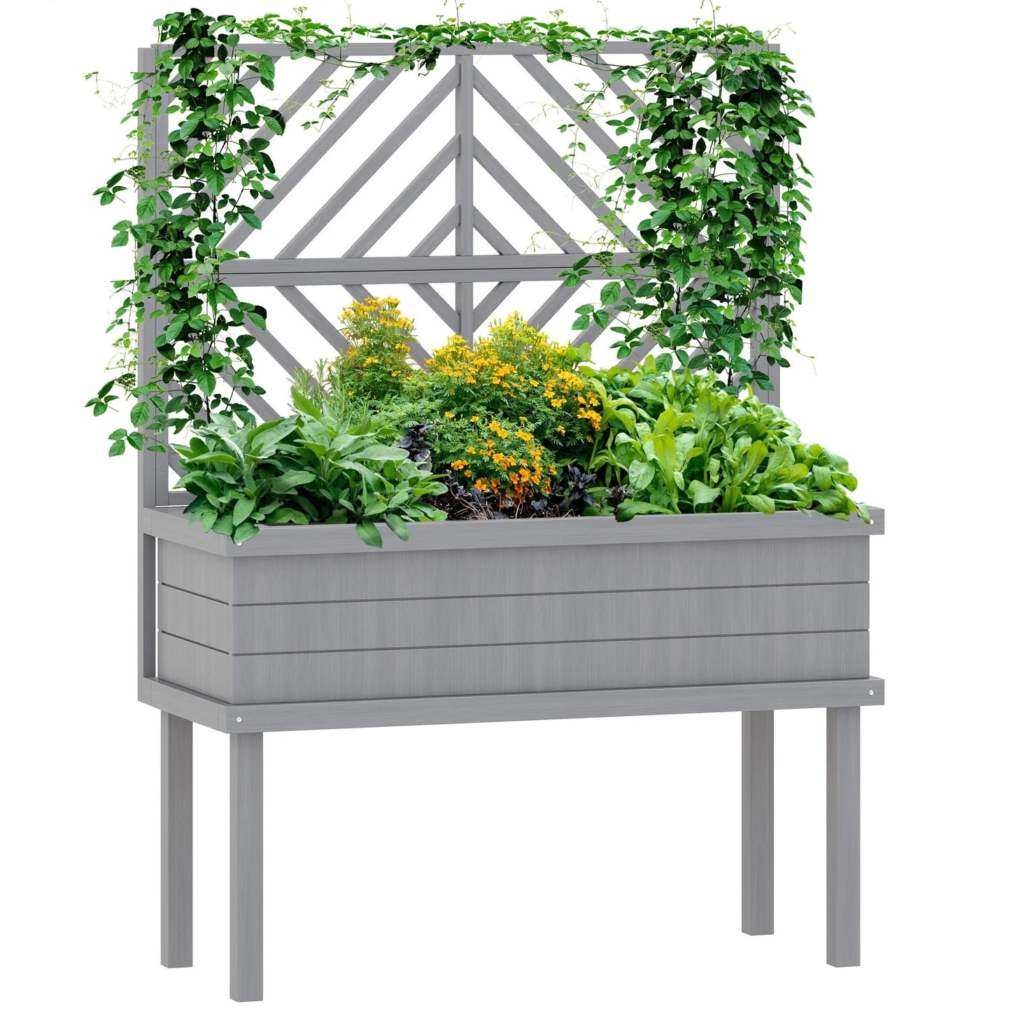 Outsunny Raised Garden Bed with Trellis for Climbing Plants, Vegetable, Grape Vines, Flowers, Wood Planter with Legs