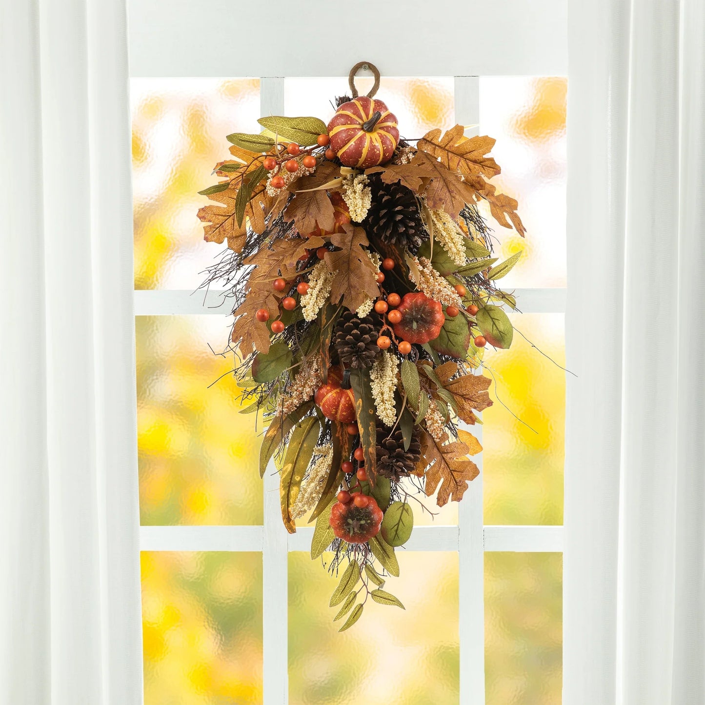 Glitzhome 26"H Fall Sunflower Pumpkin Lotus Leaf Teardrop Swag for Thanksgiving