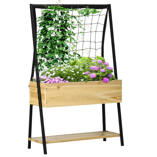 Outsunny Raised Garden Bed with Climbing Grid Trellis & Storage Shelf, Elevated Planter Box for Vegetable Vines