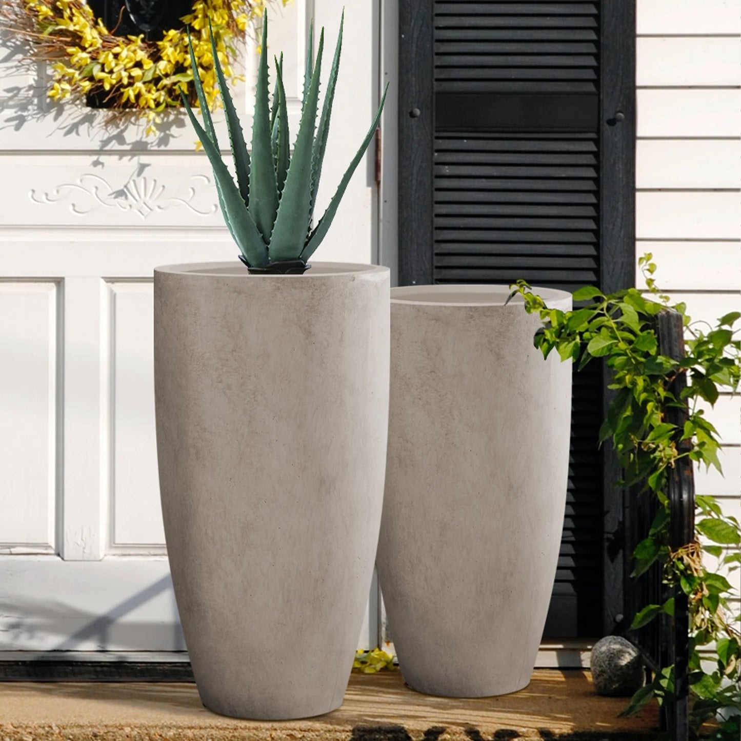 Kante 31.4" and 23.6"H Weathered Finish Concrete Tall Planters (Set of 2), Large Outdoor Indoor
