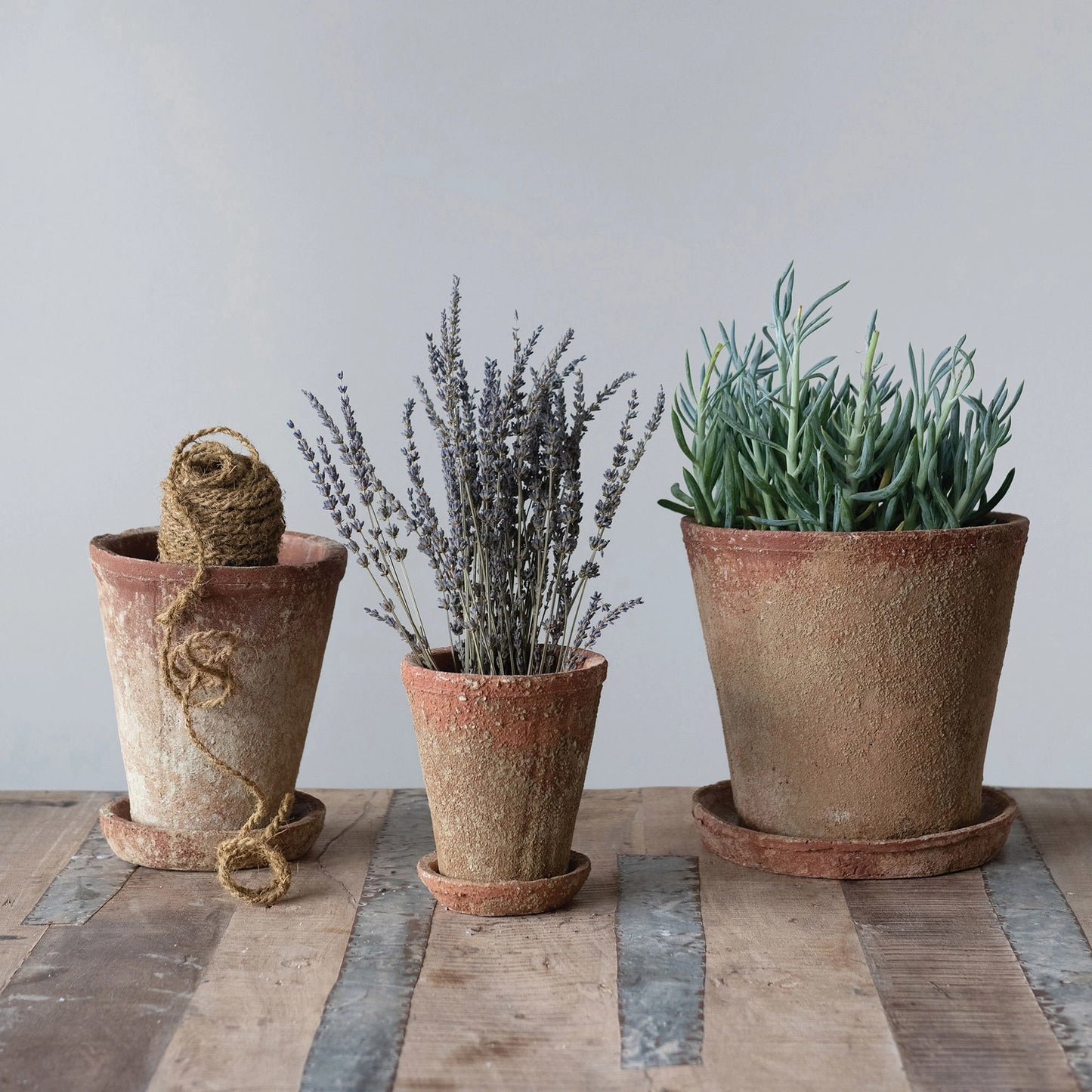 Cement Planter with Saucer, Distressed Terra-cotta Finish