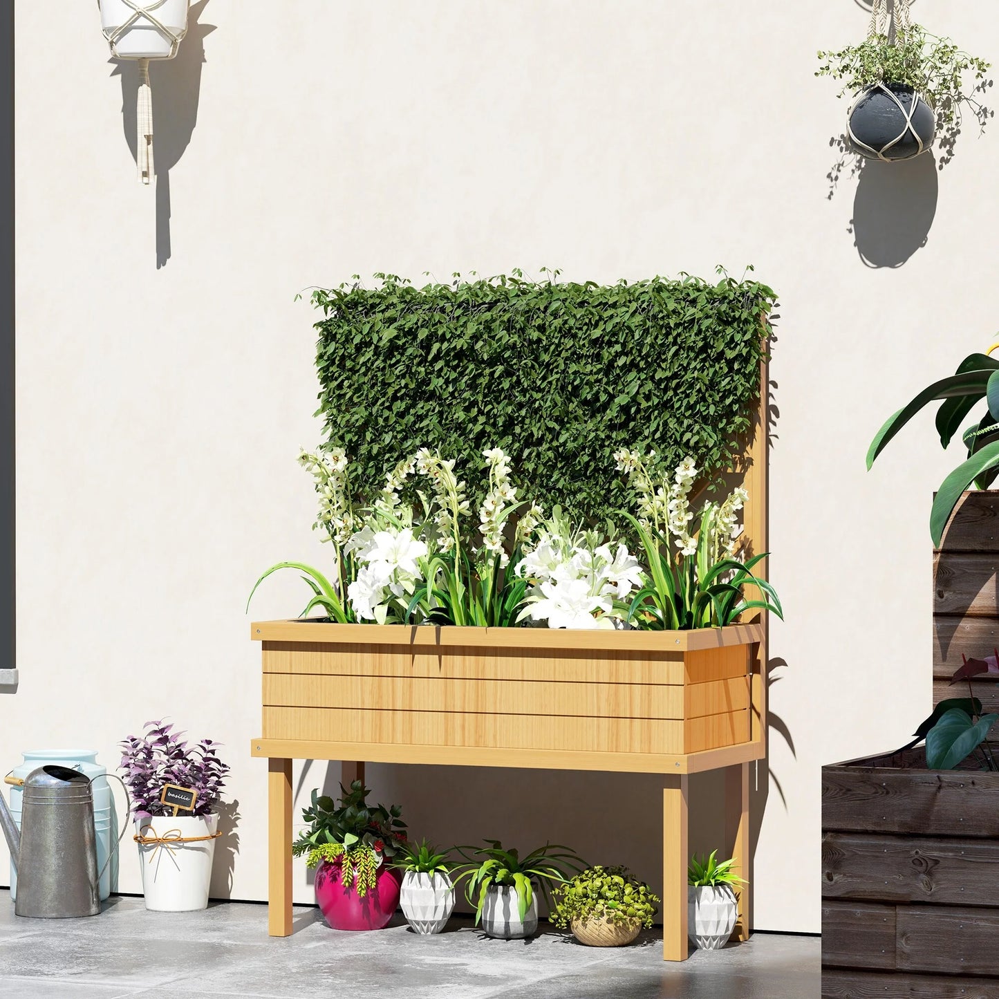 Outsunny Raised Garden Bed with Trellis for Climbing Plants, Vegetable, Grape Vines, Flowers, Wood Planter with Legs