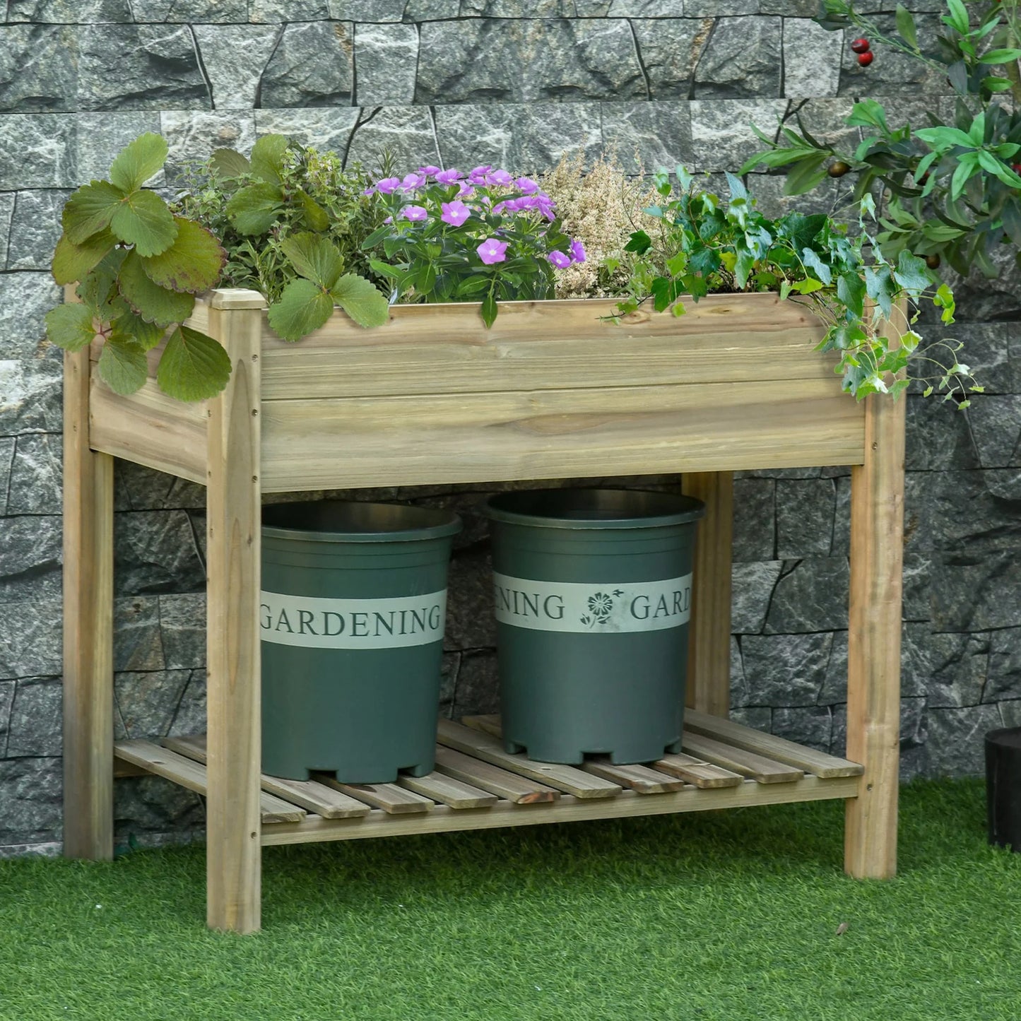Outsunny 36" x 20" x 30" Raised Garden Bed with Legs and Shelf, Elevated Wood Planter Box, Gardening Standing Growing Bed