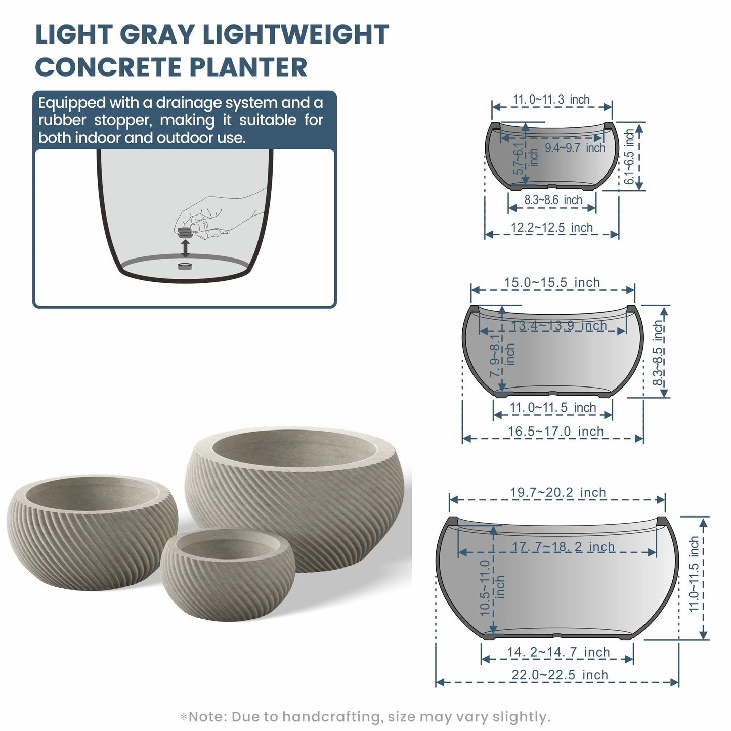 Textured Concrete Round Plant Pots / Large Indoor and Outdoor flower Planters