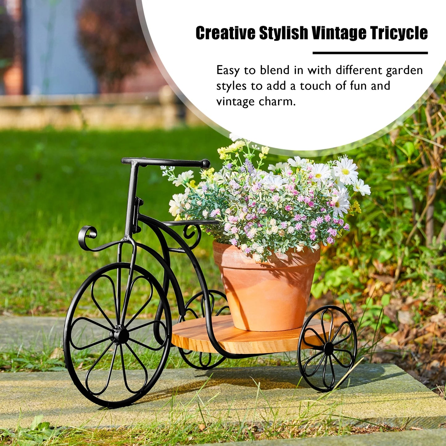 Glitzhome 24"L Spring Metal Tricycle Planter Stands Flower Pot Cart with Wood Trays