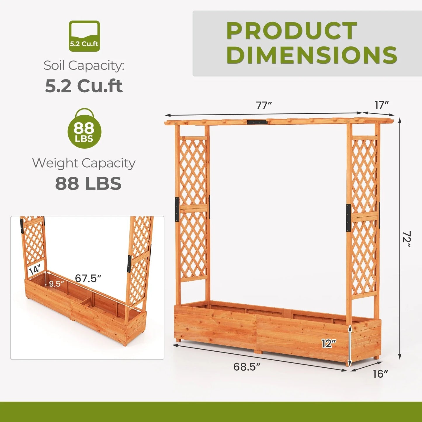 Tall Orange Raised Planter Bed with Climbing Trellis 77" Fir Wood Garden Box with Drainage - 77" x 17" x 72" (L x W x H)