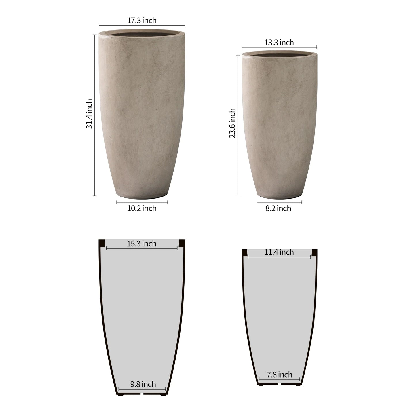 Kante 31.4" and 23.6"H Weathered Finish Concrete Tall Planters (Set of 2), Large Outdoor Indoor