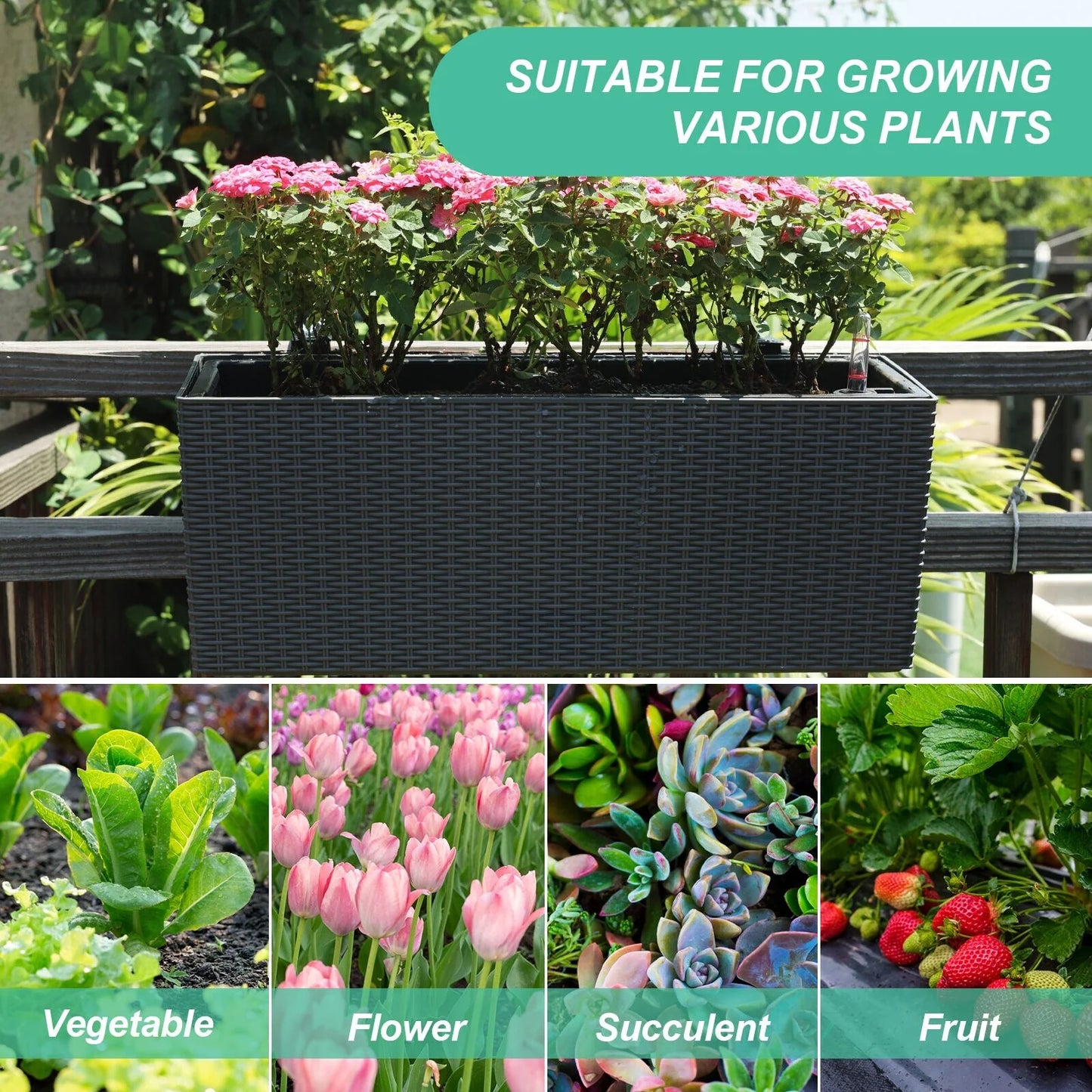 Aoodor 4Pcs 19.5" Rectangular Window/Railing Planter Box, Self Watering Planter for Balcony Porch Fence Patio - 19.5''×7.2''