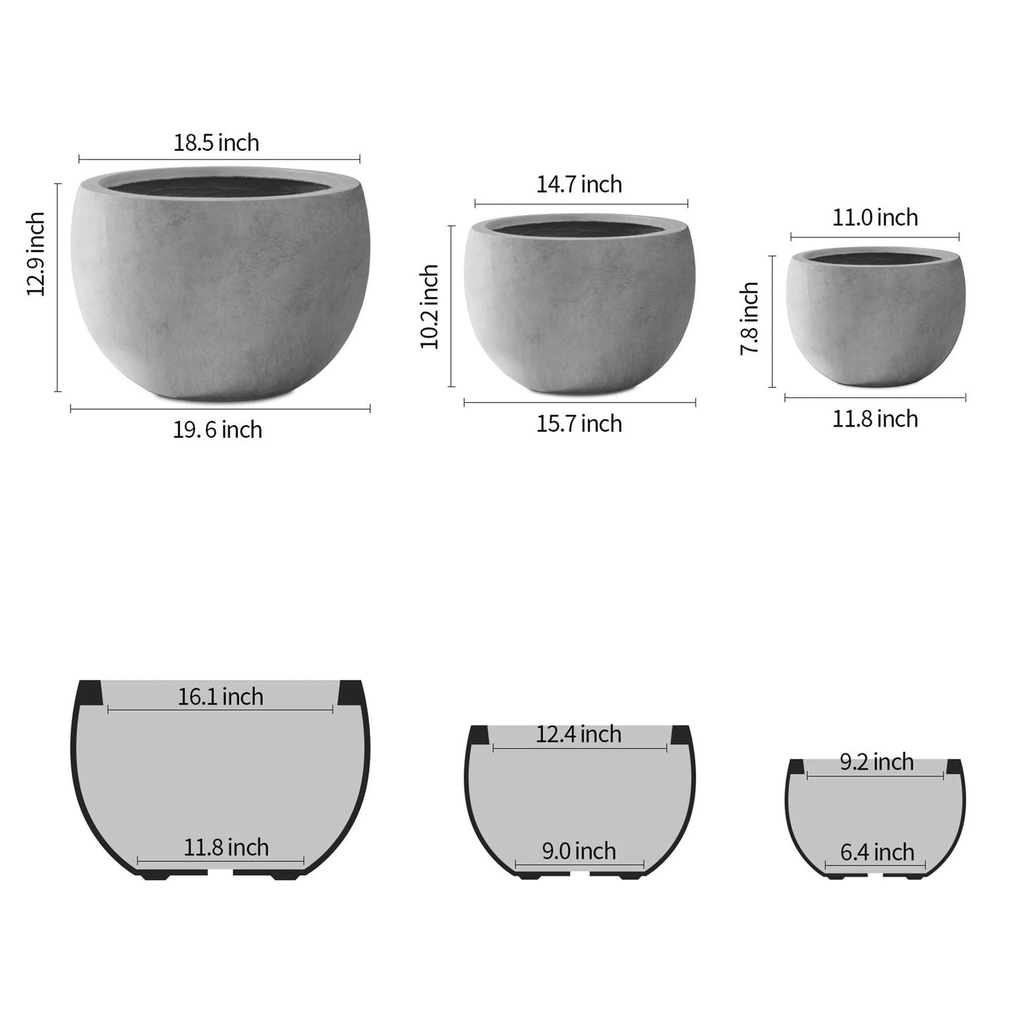 Kante 20", 16" & 12" W Lightweight Round Concrete Planters (Set of 3), Seamless w/ Drainage Hole for Indoor/Outdoor Use