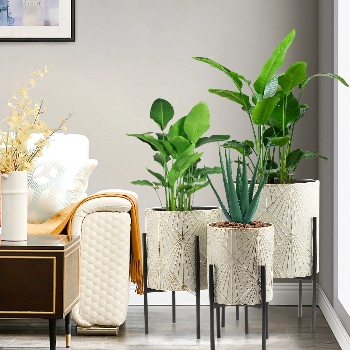 Grey and Gold Metal Cachepot Planters with Black Stand (Set of 3)