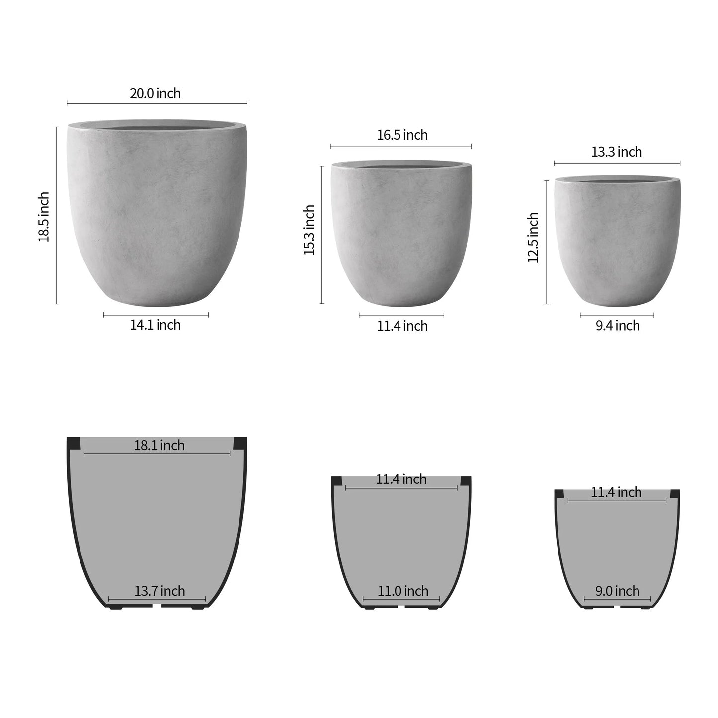 Kante 20", 16.5", 13.3"W Weathered Finish Round Concrete Planters (Set of 3), Outdoor/Indoor Decorative Pots w/ Drainage Hole