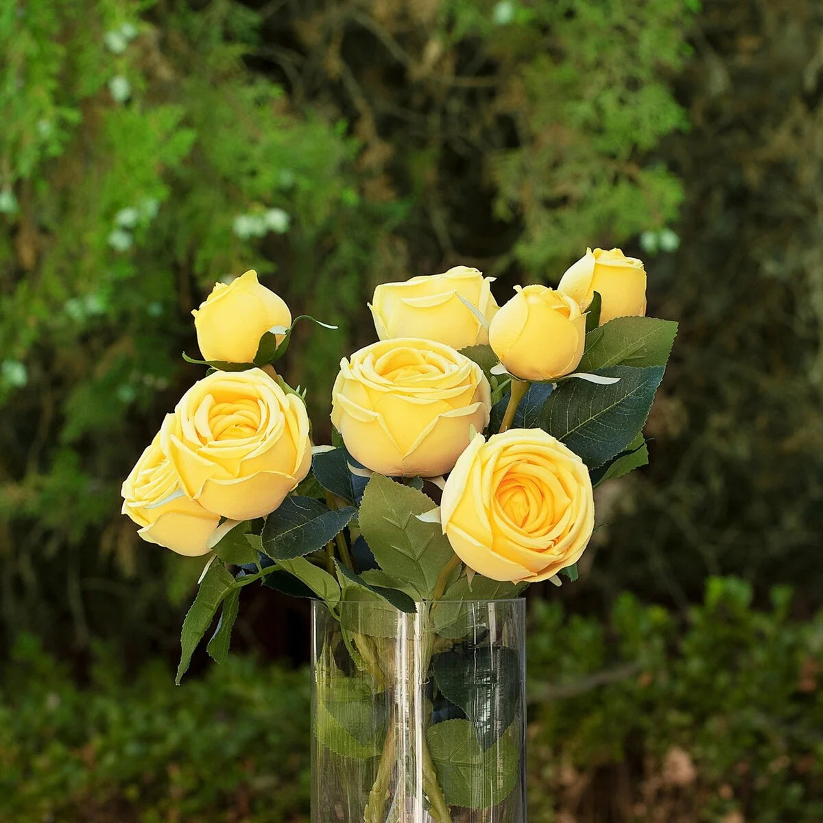Enova Home Artificial Silk Rose Flowers in Clear Glass Vase with Faux Water for Home Office Wedding Decoration - N/A