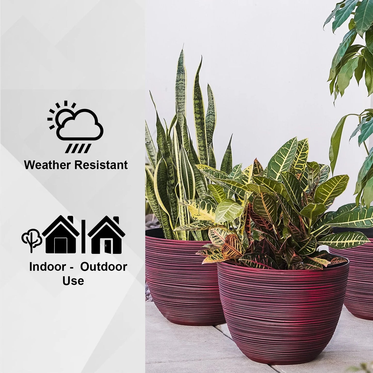 Xbrand Modern Nested Round Textured Pot Planter, Set of 3, 12 Inch Tall, Red