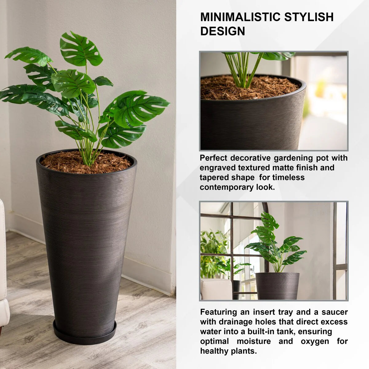 XBrand Modern 28-Inch Tall Round Planter, Modern Tapered, Indoor & Outdoor Planter