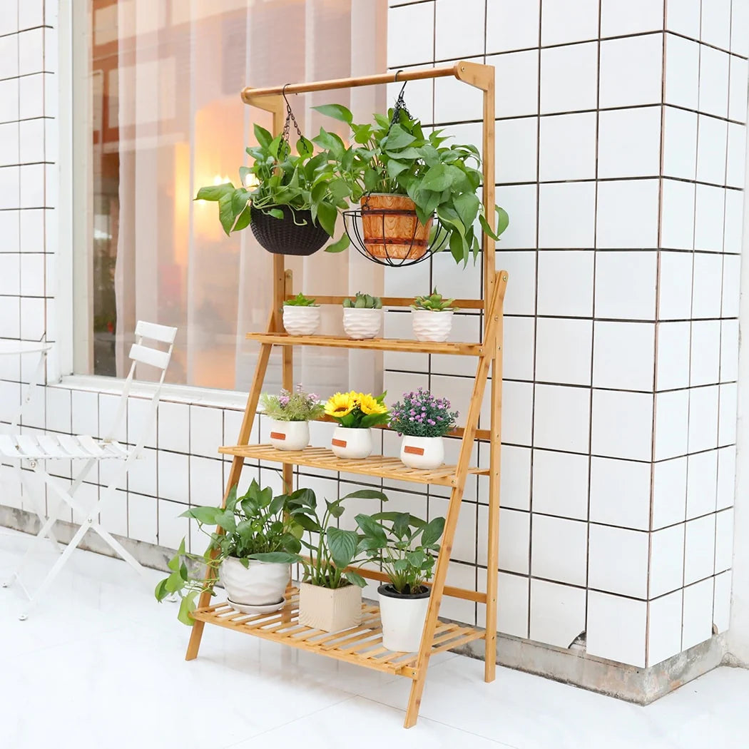 3 Tier Bamboo Hanging Plant Stand Ladder Flower Rack Hanging Baskets