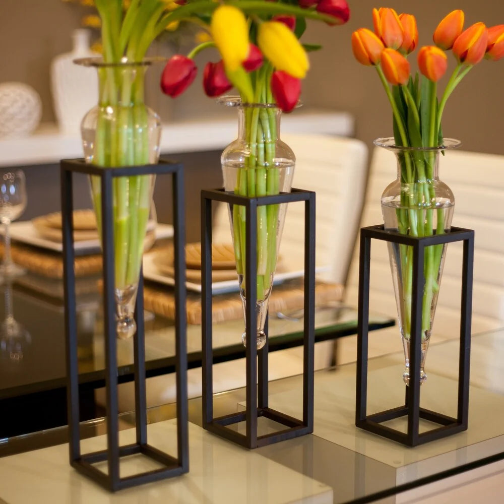 Set of 3 Clear Amphorae Vases on Square Tubing Metal Stands