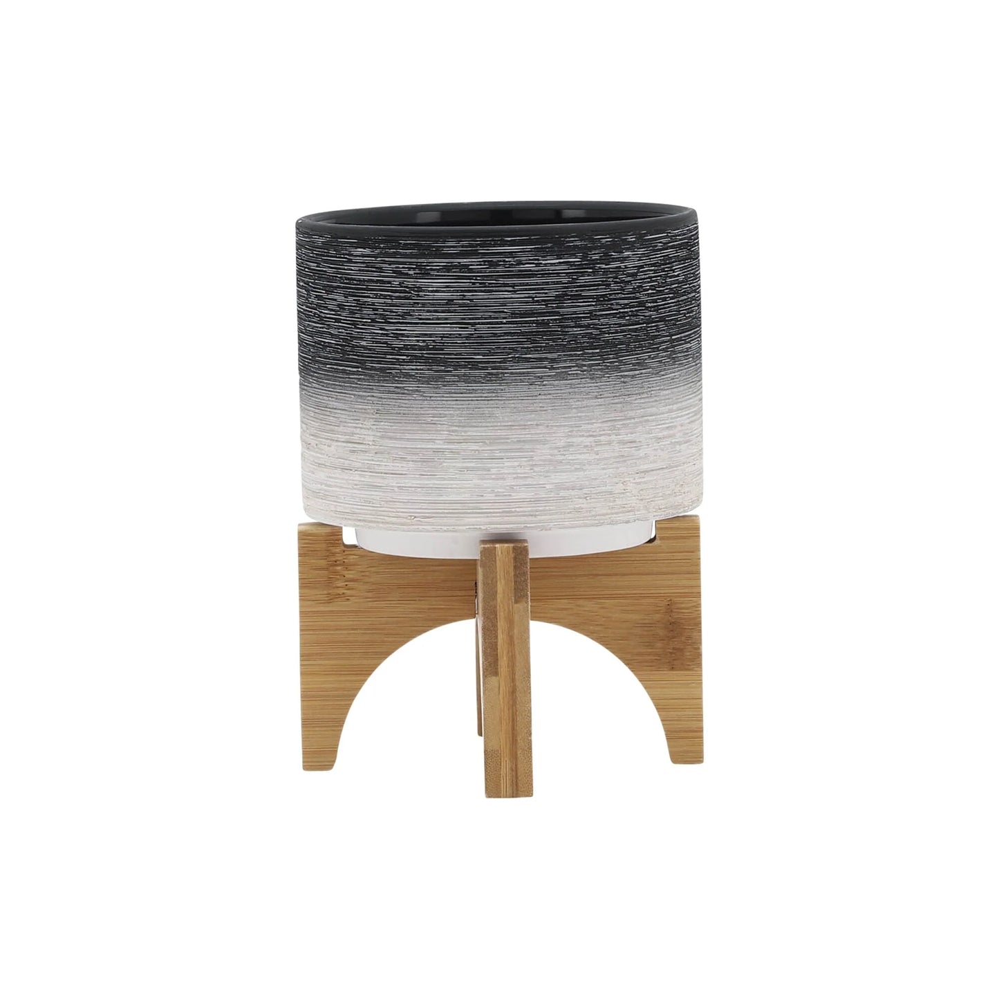 Sagebrook Home Modern Neutral Two Toned Ceramic Planter with Solid Rubberwood Stand