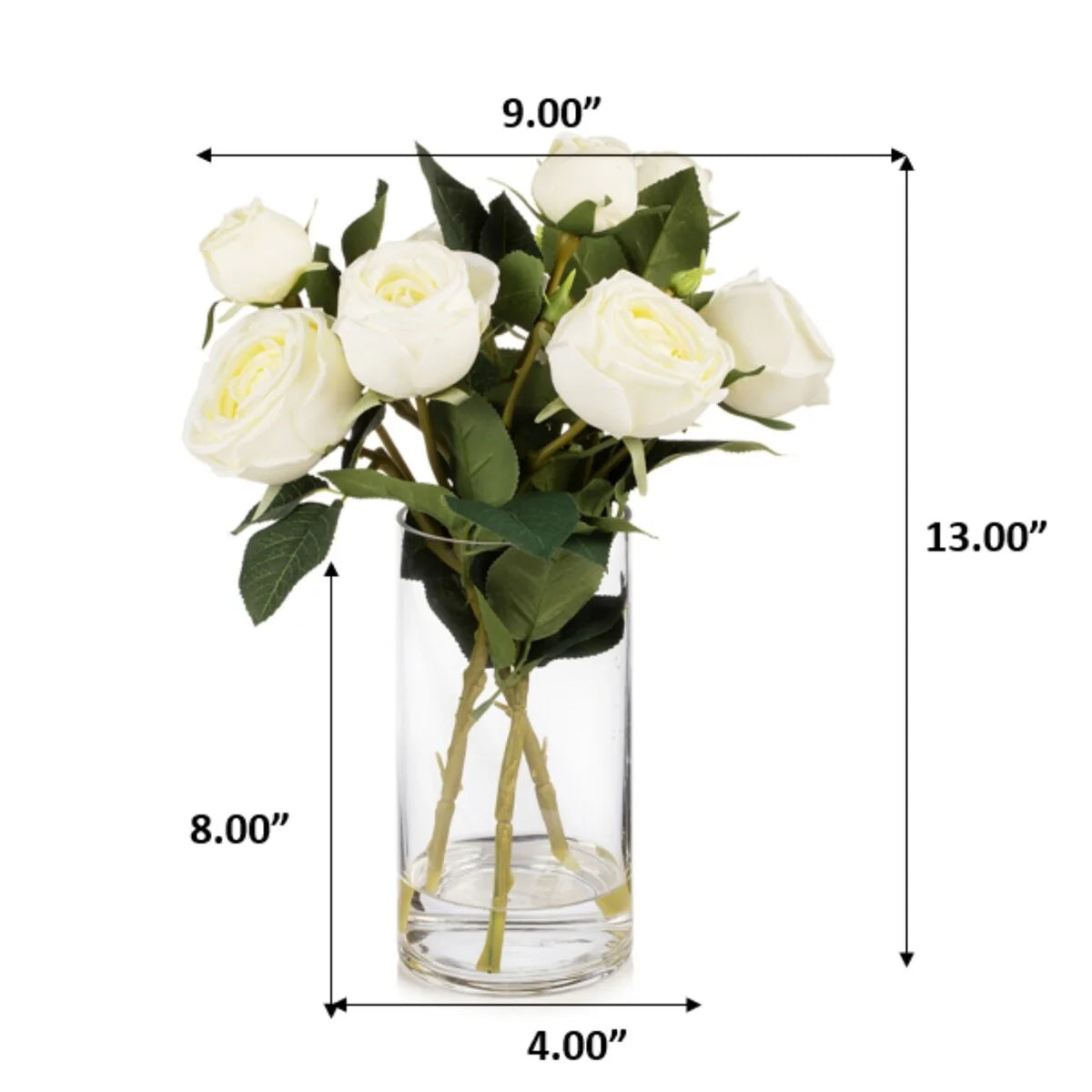 Enova Home Artificial Silk Rose Flowers in Clear Glass Vase with Faux Water for Home Office Wedding Decoration - N/A