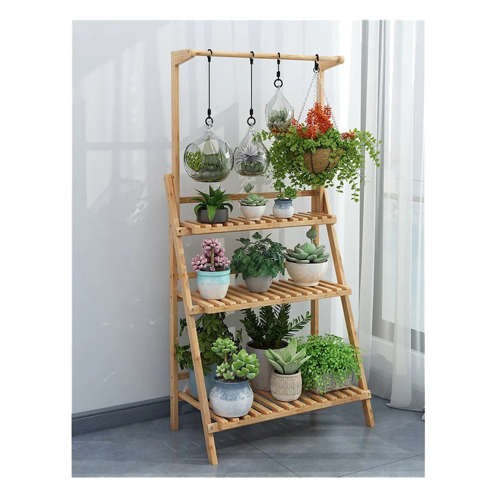 3 Tier Bamboo Hanging Plant Stand Ladder Flower Rack Hanging Baskets