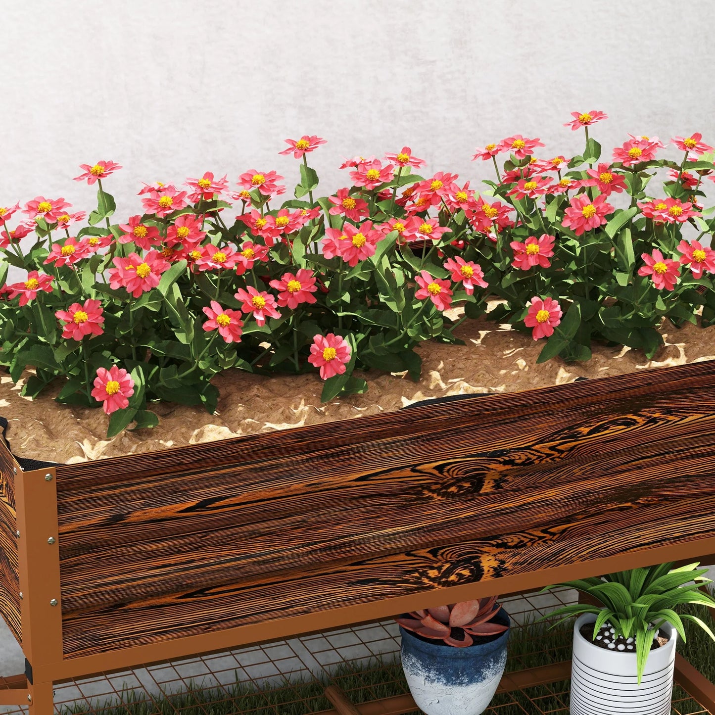 Outsunny Raised Garden Bed with Galvanized Steel Frame, Storage Shelf and Bed Liner, Elevated Planter Box