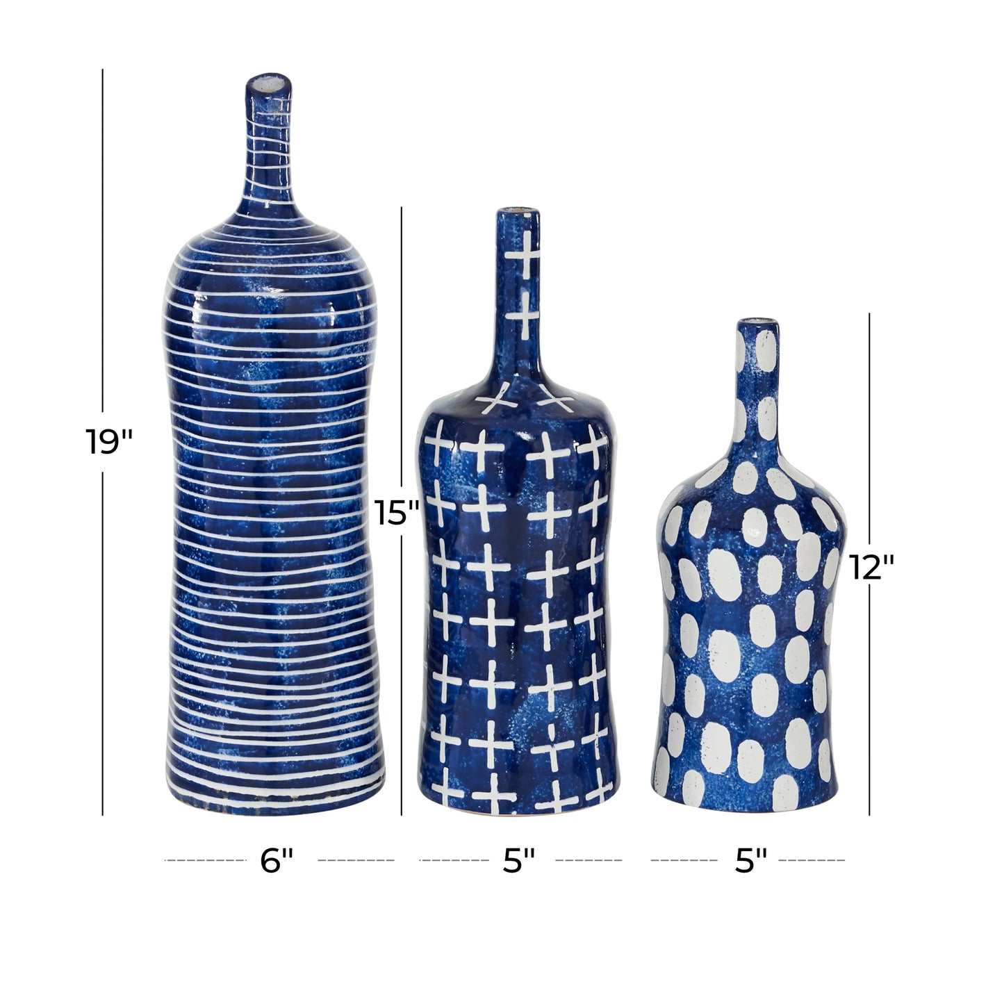 Ceramic Vase with Varying Patterns - Set of 3 Blue - Roche River Decor - 6"Wx6"Lx19"H
