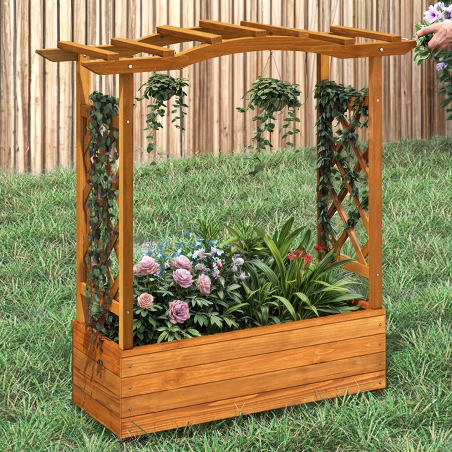 Moasis Outdoor Garden Solid Wood Planter Box with Arch Trellis,Free-Standing Planters Raised Bed for Climbing Plants