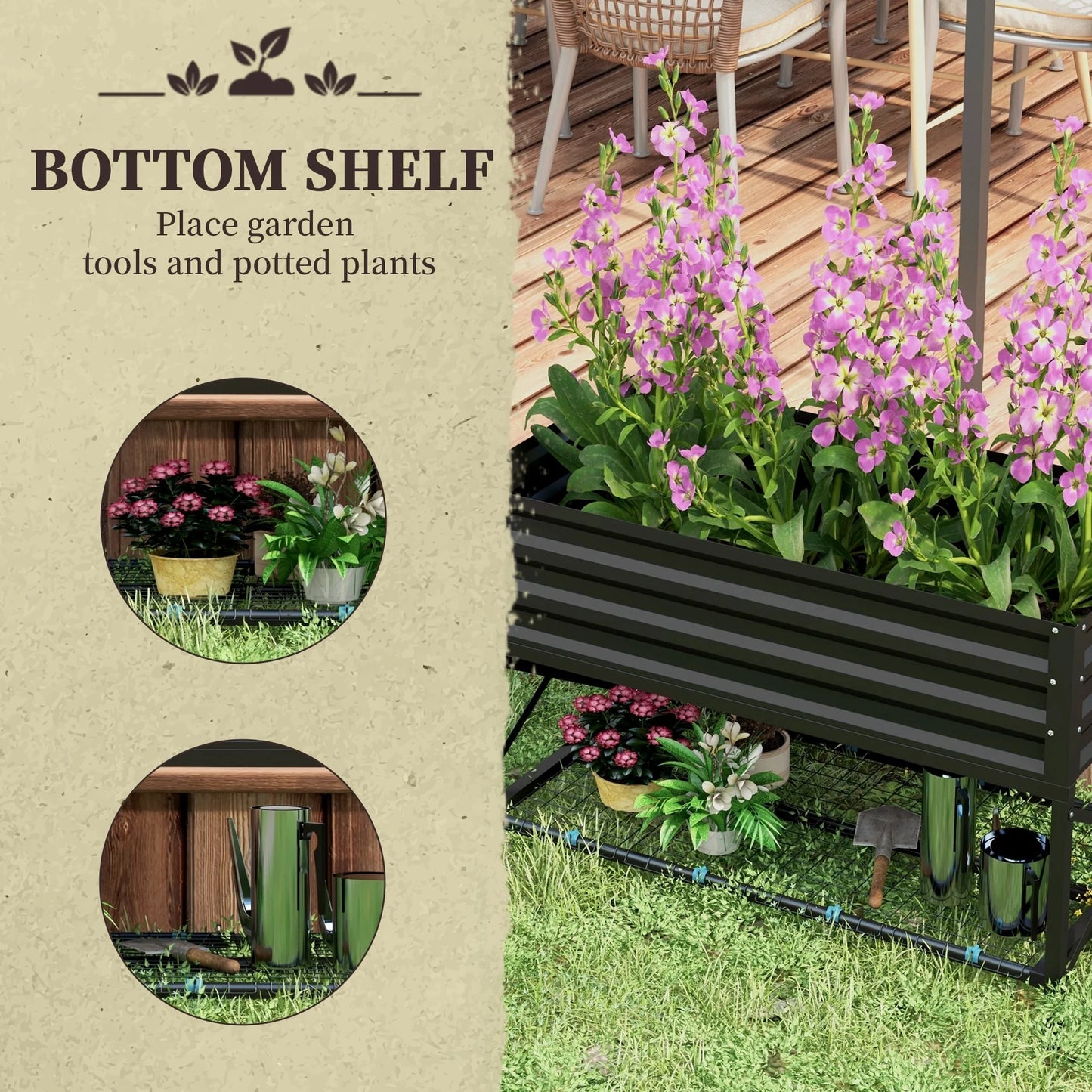 Outsunny Raised Garden Bed with Galvanized Steel Frame, Storage Shelf and Bed Liner, Elevated Planter Box