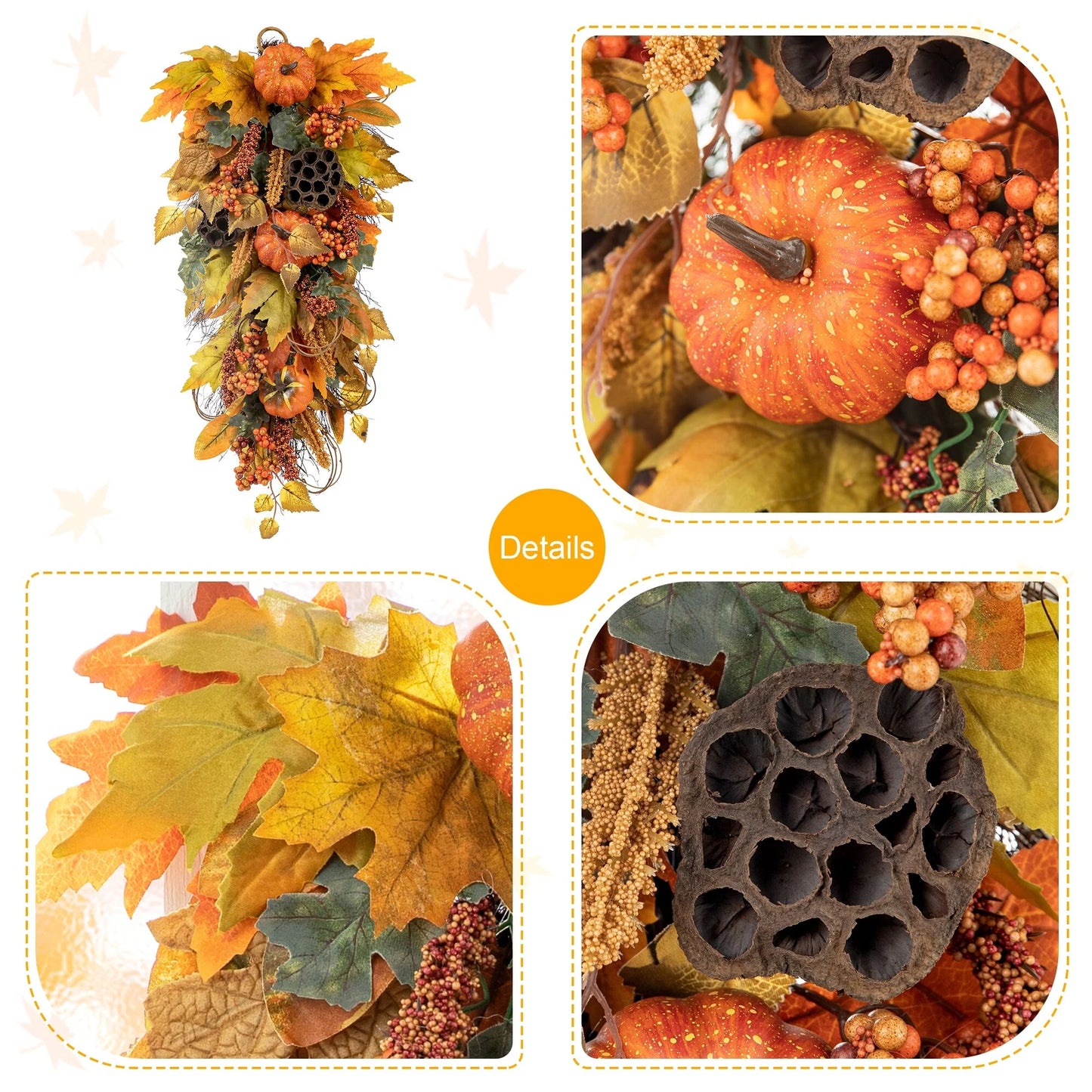 Glitzhome 26"H Fall Sunflower Pumpkin Lotus Leaf Teardrop Swag for Thanksgiving