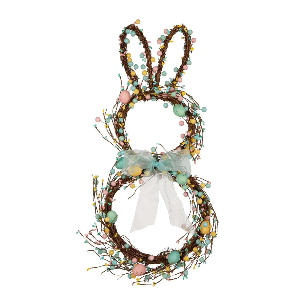 Glitzhome 24.5"H Easter Spring Bunny Shaped Eggs Wreath with Satin Ribbon Bow for Front Door Wall Decor