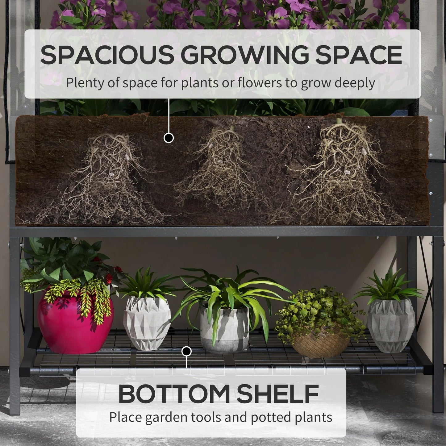 Outsunny Raised Garden Bed with Cover and Storage Shelf, Rectangular Metal Elevated Planter Box