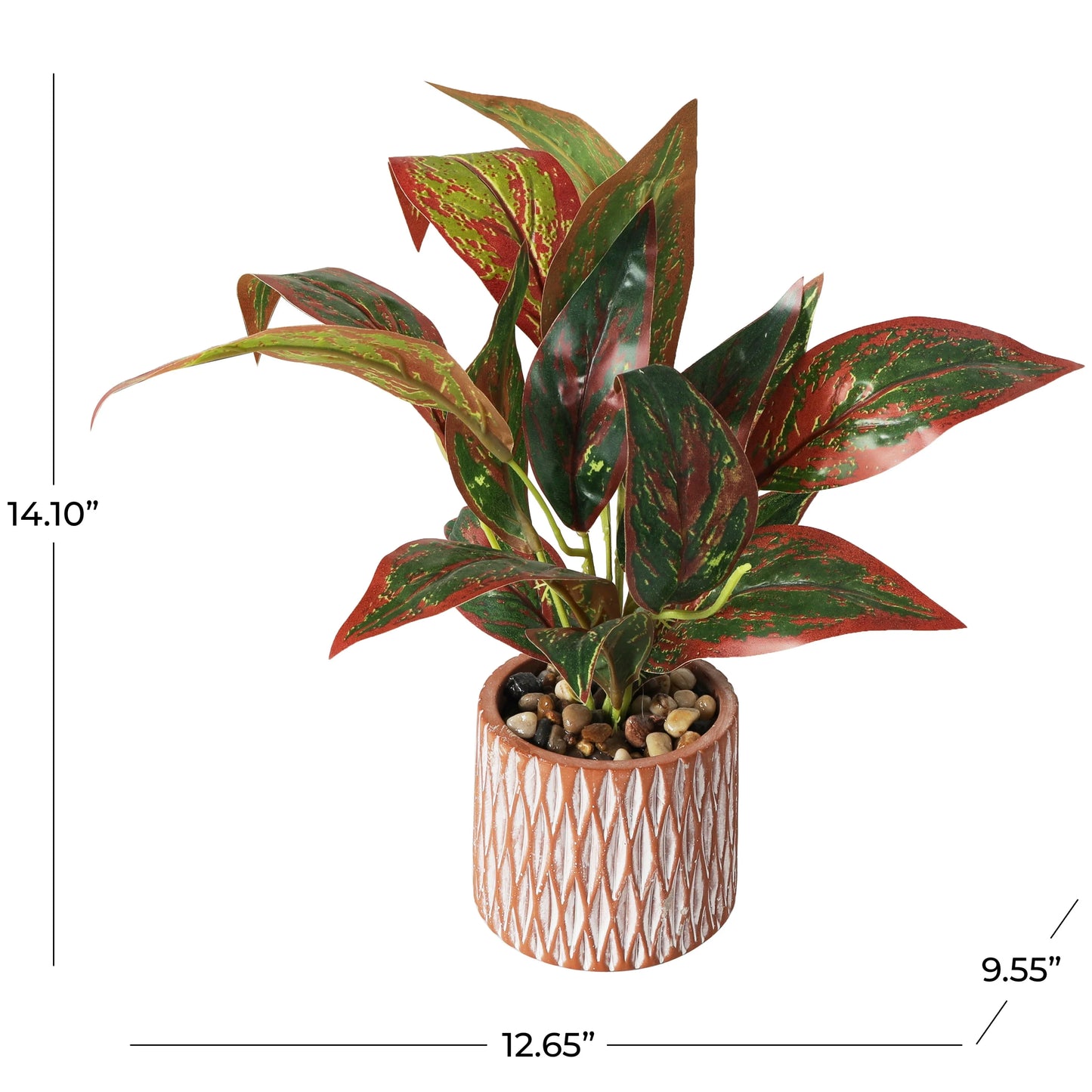Faux Foliage Croton Artificial Plant with Geometric Patterned Pot and Decorative Pebbles - Green - Roche River Decor