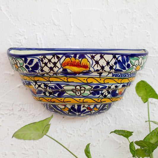 Novica Handmade Cobalt Flowers Ceramic Wall Planter