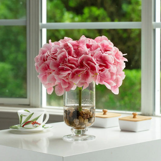 Real Touch Hydrangea Flower in Clear Glass Vase with Acrylic Water for Home Office Wedding Decoration