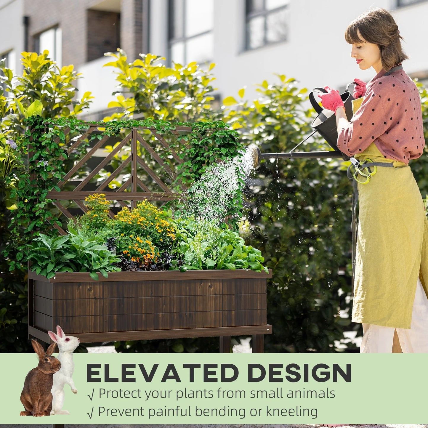 Outsunny Raised Garden Bed with Trellis for Climbing Plants, Vegetable, Grape Vines, Flowers, Wood Planter with Legs