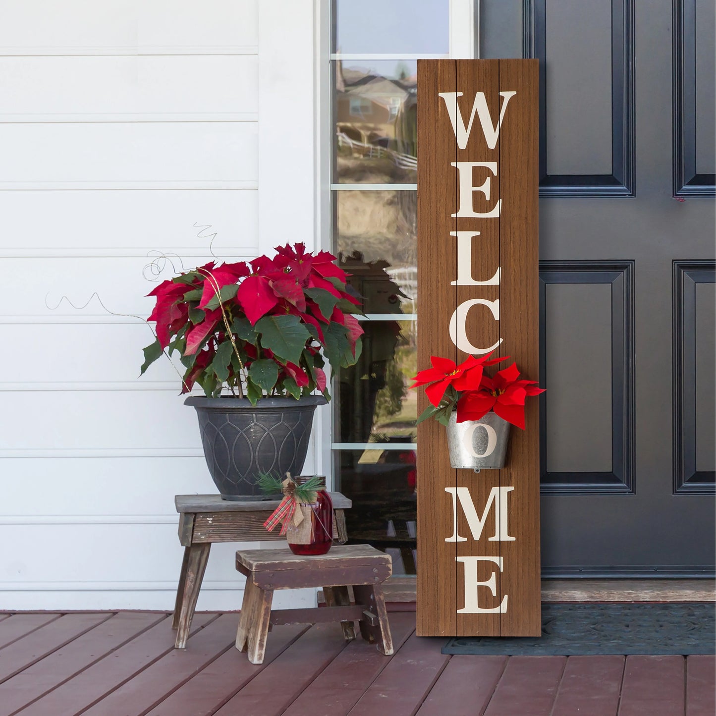Glitzhome 42-inch Wooden Welcome Porch Sign Wall Decor with Metal Planter