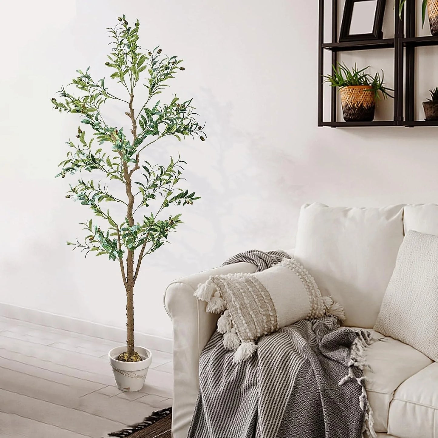 Artificial Olive Tree 59/71 Inch Tall Faux Silk Plant Indoor Fake Potted Tree with Wood Branches and Fruits