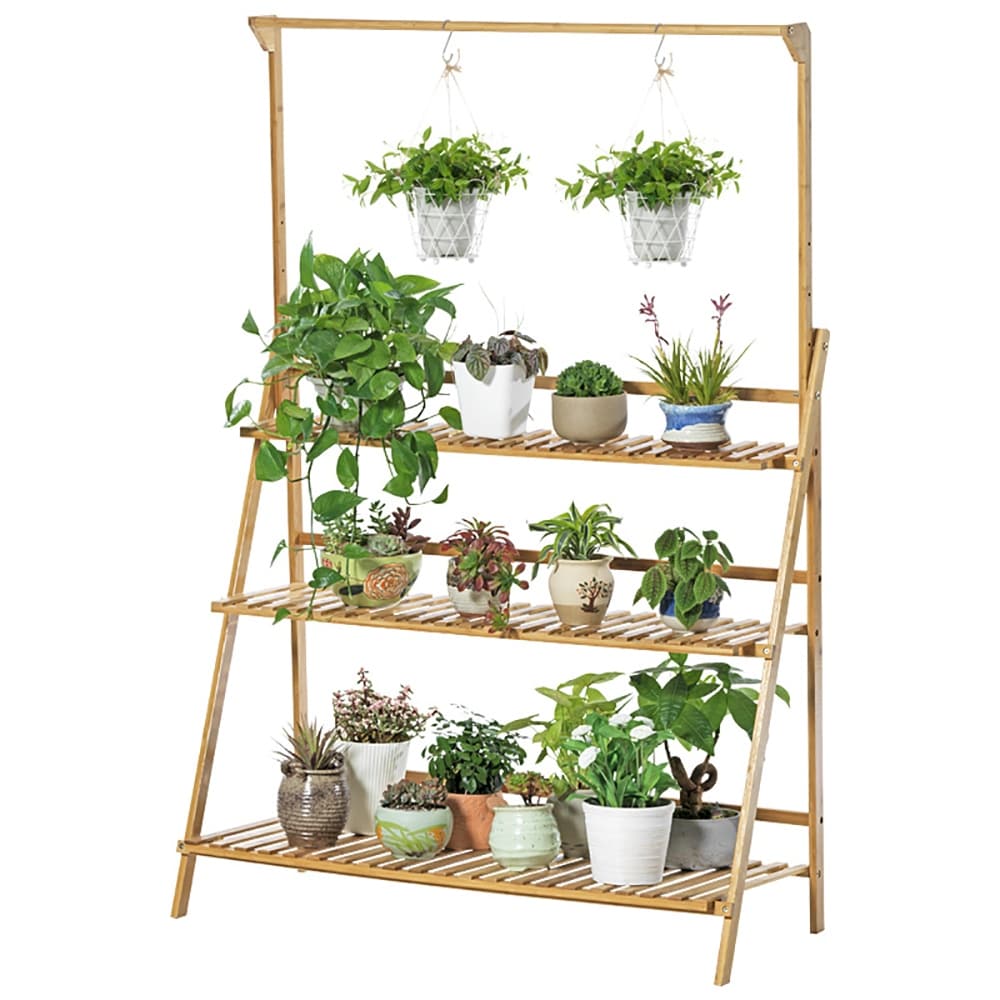 3 Tier Bamboo Hanging Plant Stand Ladder Flower Rack Hanging Baskets