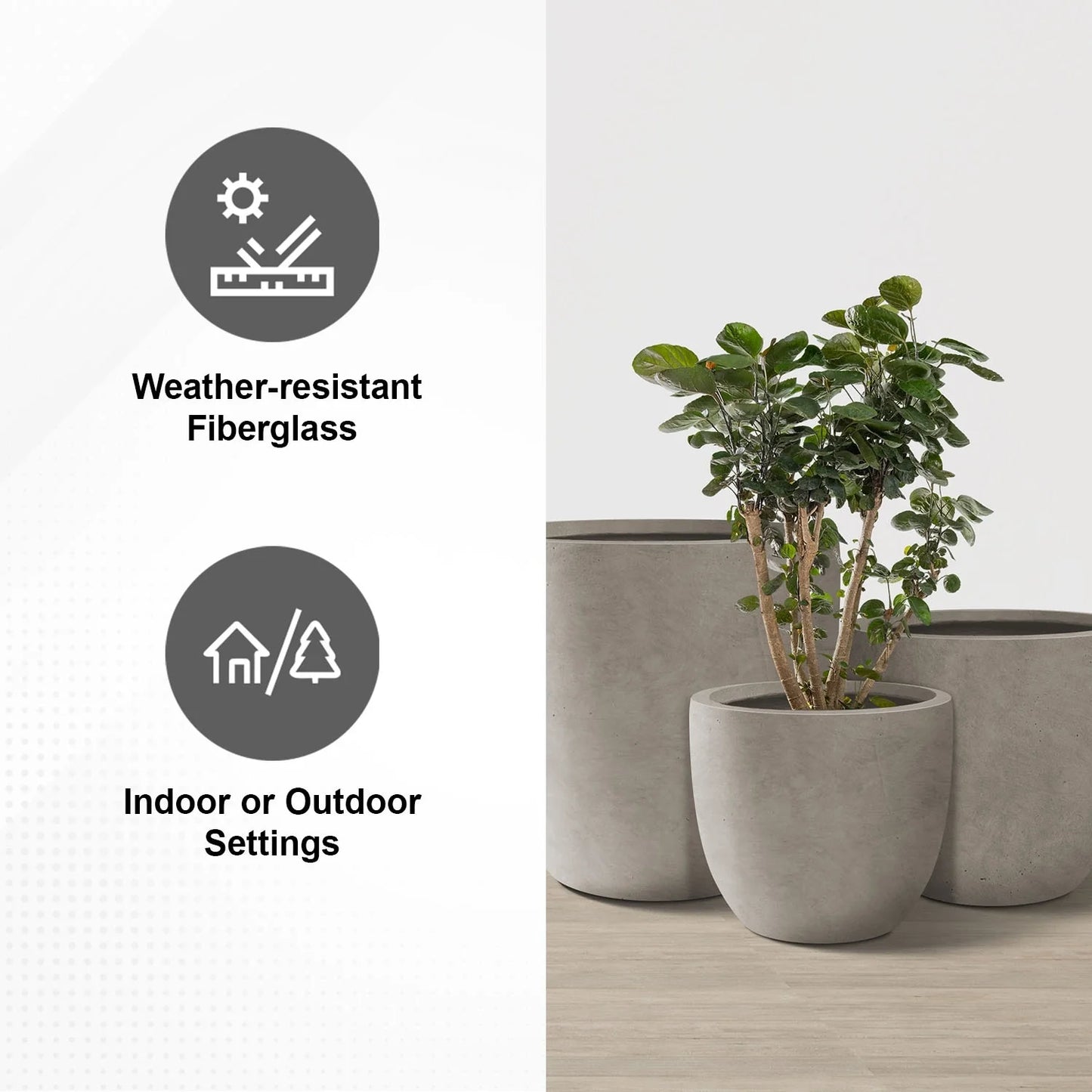 Kante 18", 14", 10"W Weathered Concrete Round Planters (Set of 3), Outdoor/Indoor, Modern, Lightweight