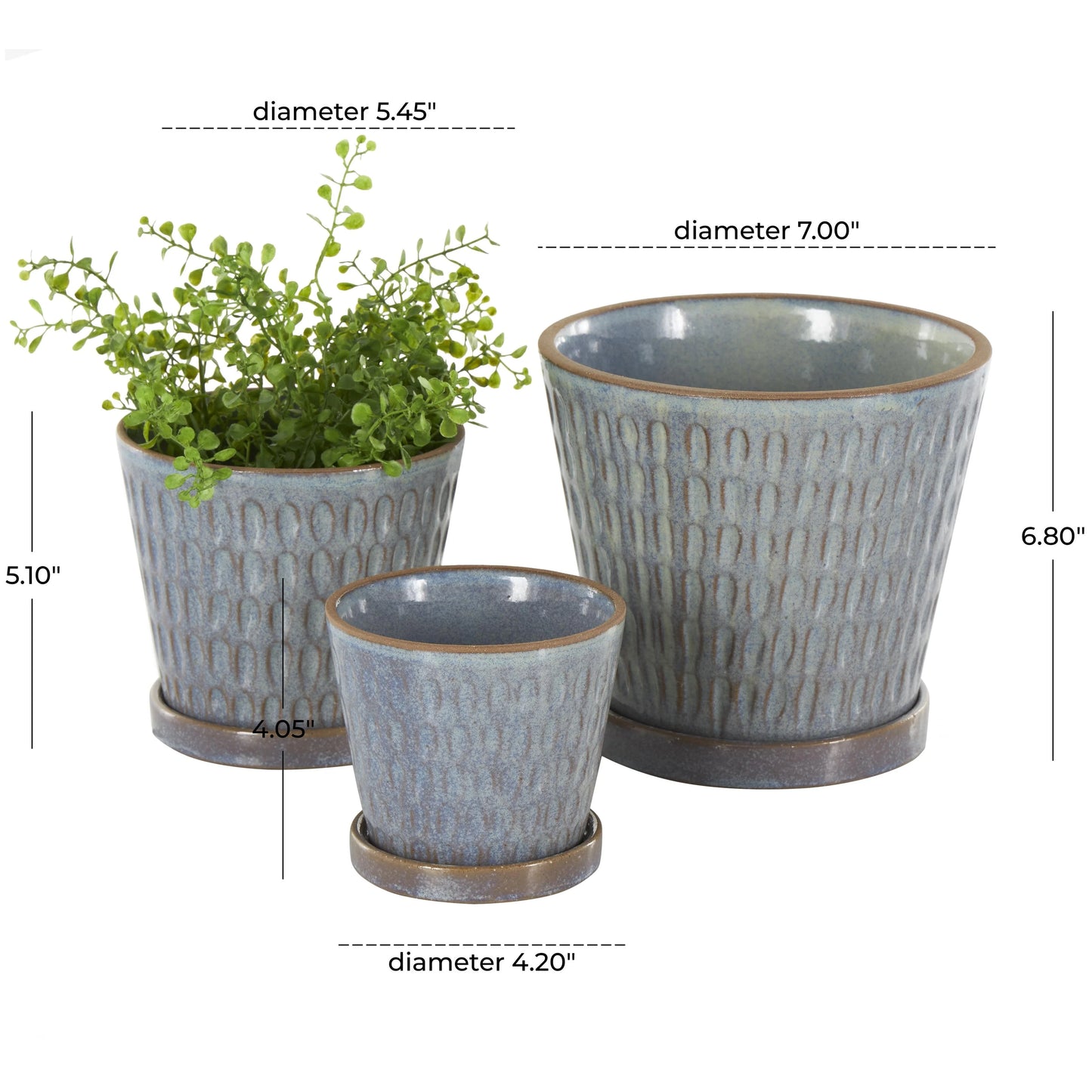 Ceramic Geometric Oval Patterned Indoor Outdoor Planter with Brown Accents and Base Tray - Set of 3 Blue - Roche River Decor