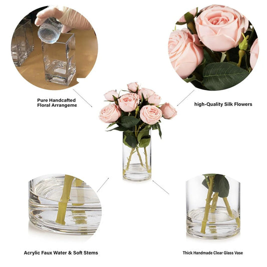 Enova Home Artificial Silk Rose Flowers in Clear Glass Vase with Faux Water for Home Office Wedding Decoration - N/A