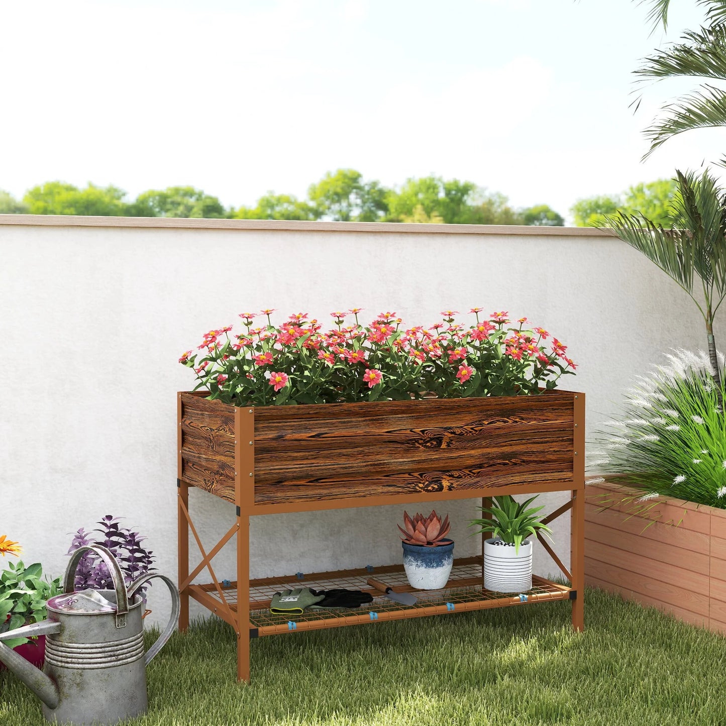 Outsunny Raised Garden Bed with Galvanized Steel Frame, Storage Shelf and Bed Liner, Elevated Planter Box
