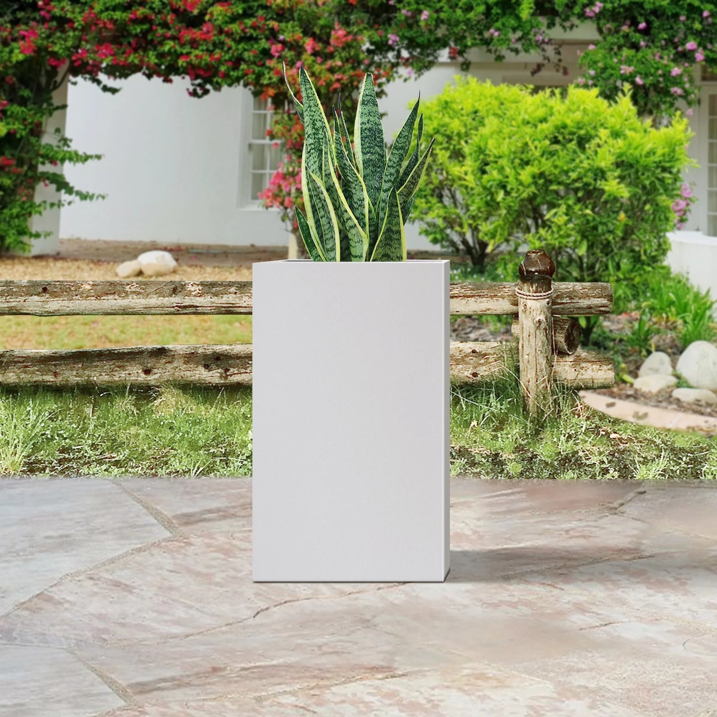Plantara 20" H Solid White Concrete Square Plant pot, Tall Flower pot with Drainage Hole, Modern Garden planter for Outdoor