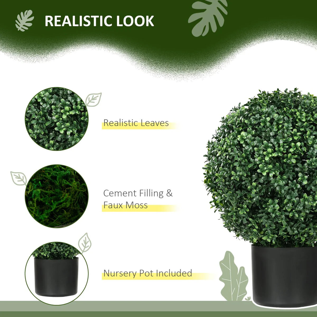 HOMCOM Set of 2 20.5" Artificial Ball Boxwood Topiary Trees with Pot