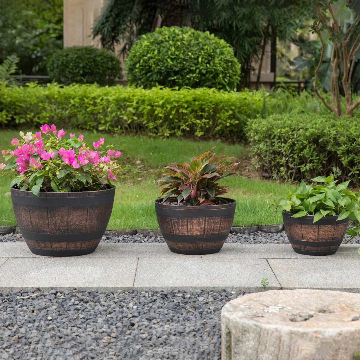 Brown Outdoor Rustic Half Barrel Flower Garden Planter Bowl, Plastic
