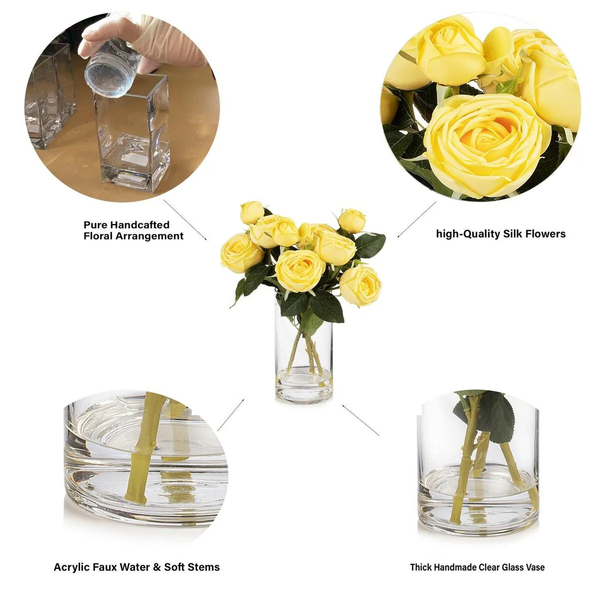 Enova Home Artificial Silk Rose Flowers in Clear Glass Vase with Faux Water for Home Office Wedding Decoration - N/A