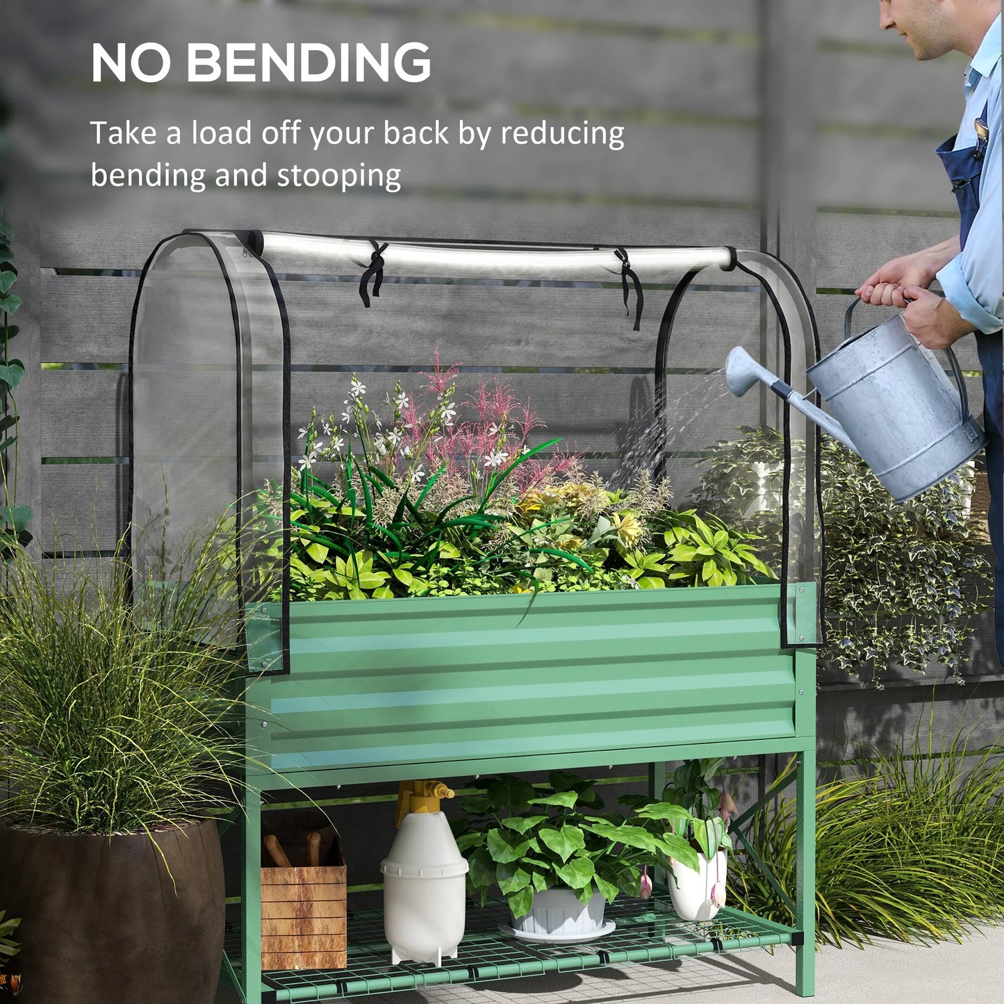Outsunny Raised Garden Bed with Cover and Storage Shelf, Rectangular Metal Elevated Planter Box