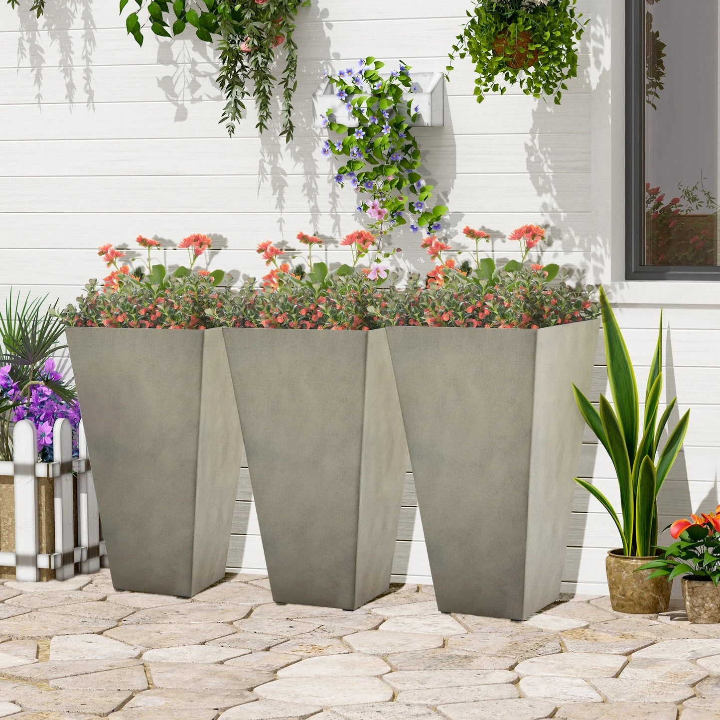 Outsunny 28" Tall Plastic Flower Pot, Set of 3, Large Outdoor & Indoor Plastic Garden Planters, for Entryway, Patio, Yard